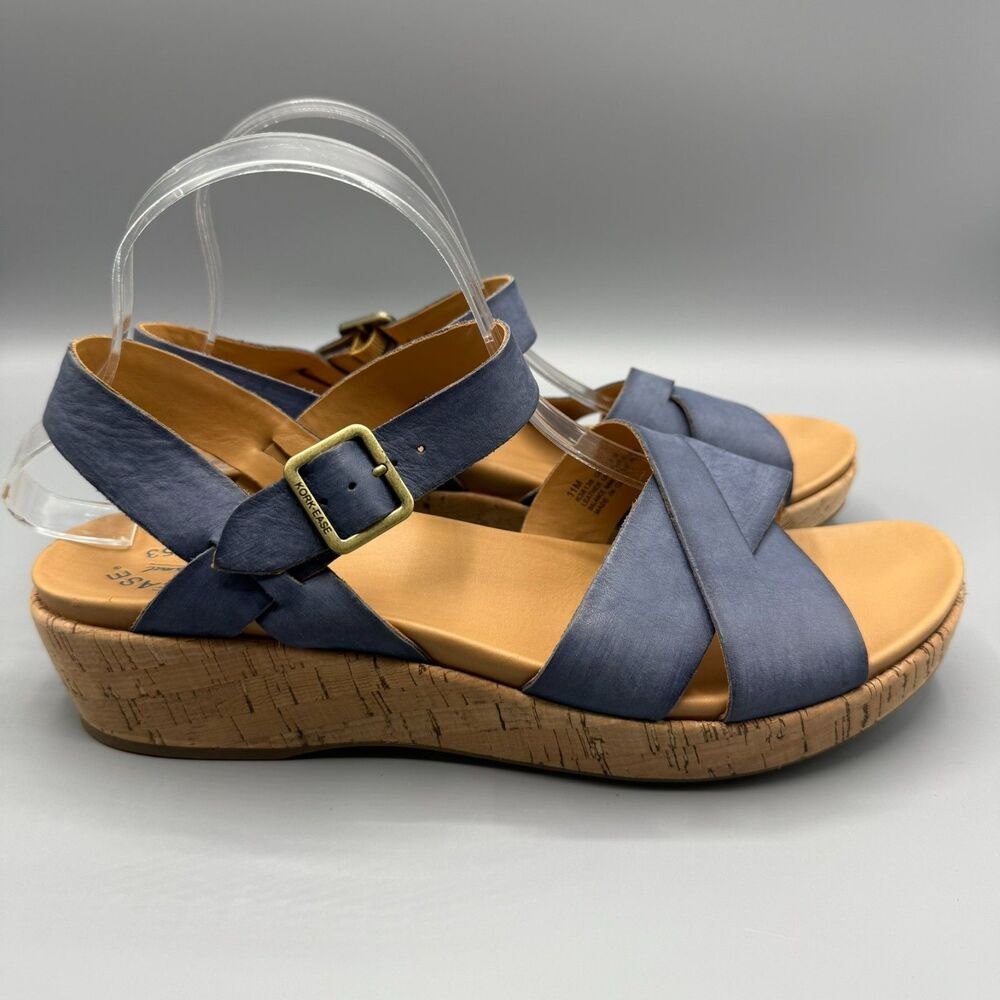 Kork-Ease Myrna Wedge Sandals Women's Blue Leather Platform Cork Size 11M